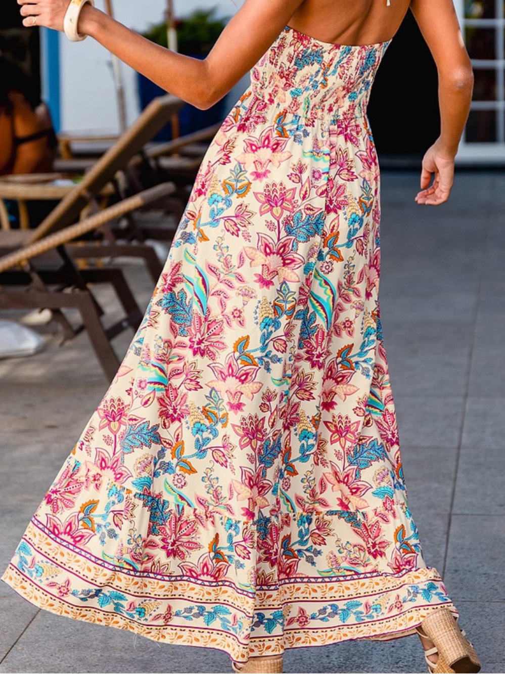 Cupshe NWT M cream fuscia teal floral smocked beachy Maxi Dress